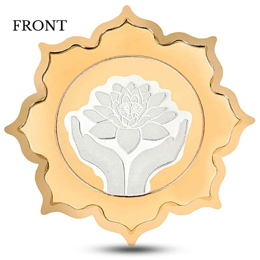 Lotus In Hand Design, Silver & Gold Finish, Lotus Shape, Set of 2 Coins (5 Gram Each), Happy Diwali Packaging, 999 Purity Silver Coin - Ready To Ship