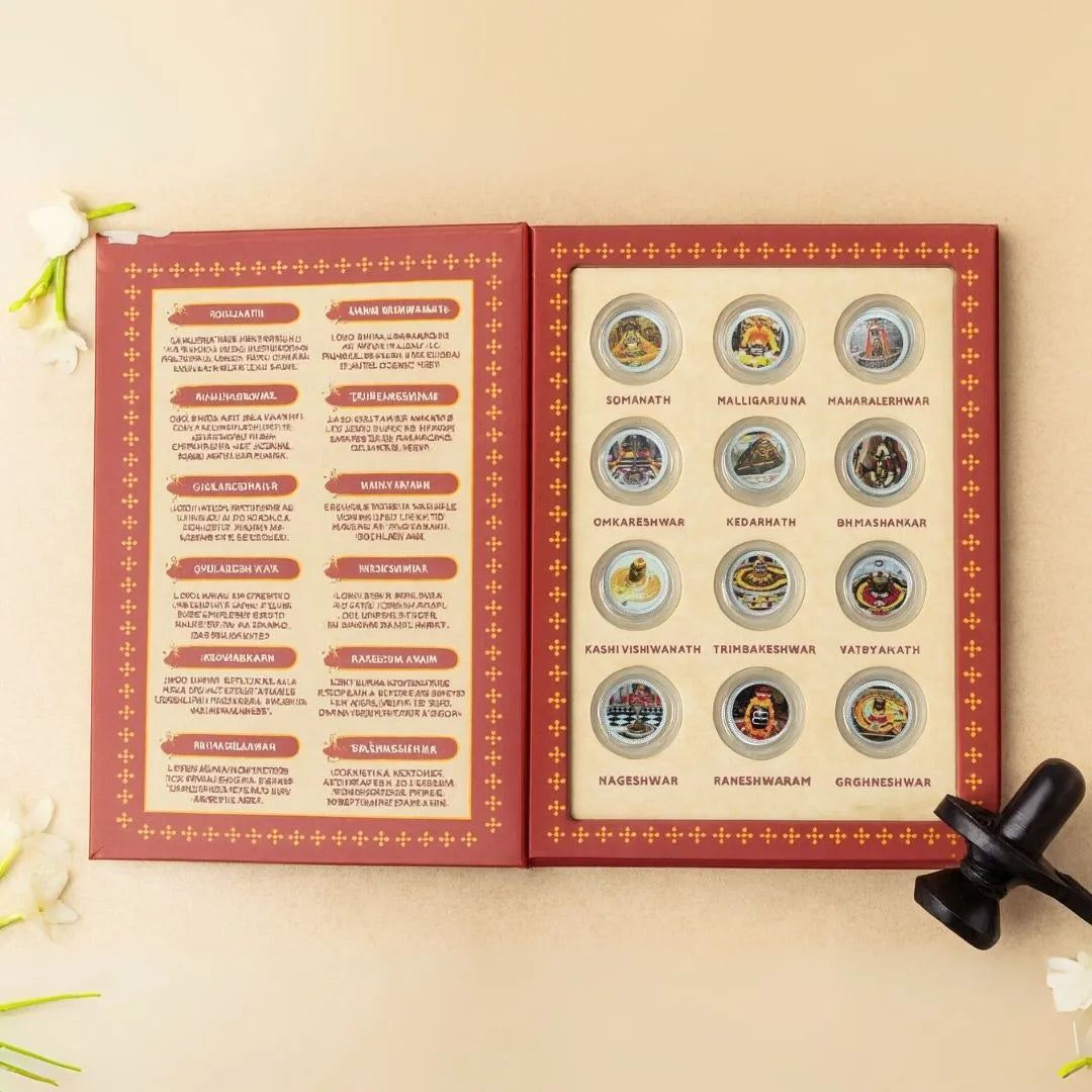12 Jyotirling, Silver, Folder Box, 12 Coin (1 gm Each), 999 Purity Silver Coins