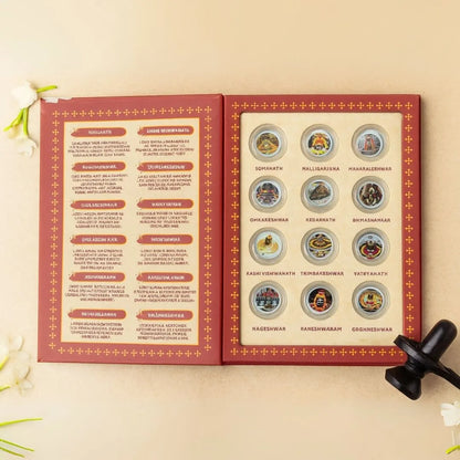 12 Jyotirling, Silver, Folder Box, 12 Coin (1 gm Each), 999 Purity Silver Coins