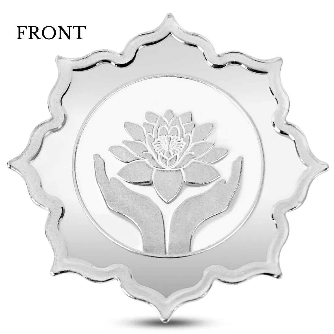 Lotus In Hand Design, Silver & Gold Finish, Lotus Shape, Set of 2 Coins (5 Gram Each), Happy Diwali Packaging, 999 Purity Silver Coin - Ready To Ship