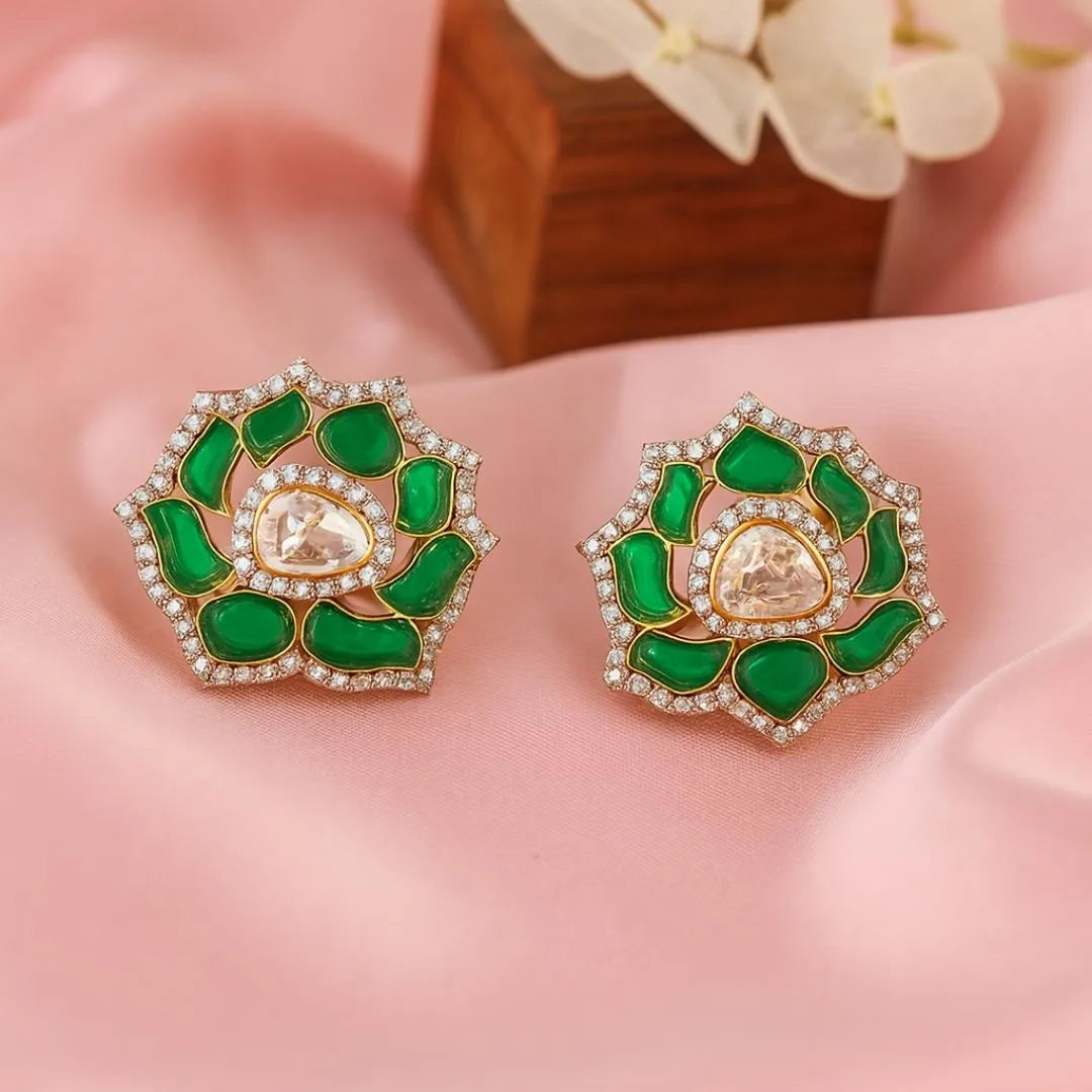 Green Lotus Polki Earrings - 22K Gold Plated, 92.5 Pure Silver Base