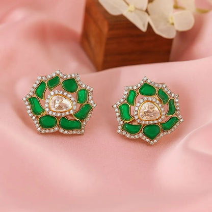 Green Lotus Polki Earrings - 22K Gold Plated, 92.5 Pure Silver Base