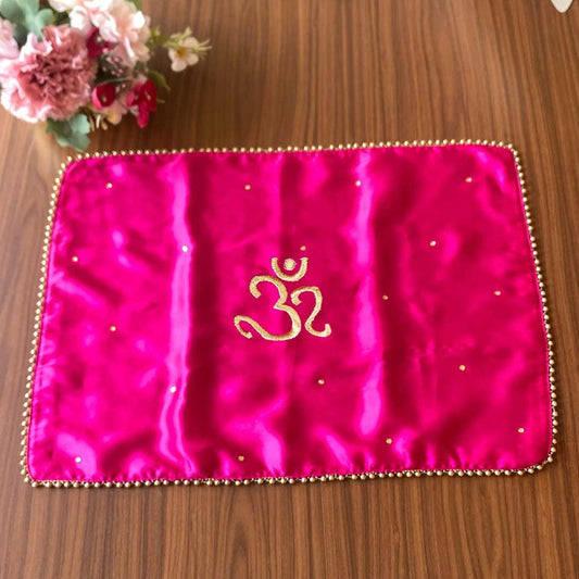 Pink Rectangular Placement Mats With Golden Bead Border - Customize Om/Ek Onkar Logo