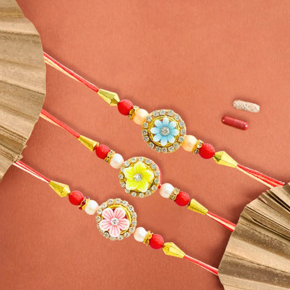 Men's Rakhi - Set of 3 Yellow , Pink and Blue Flower