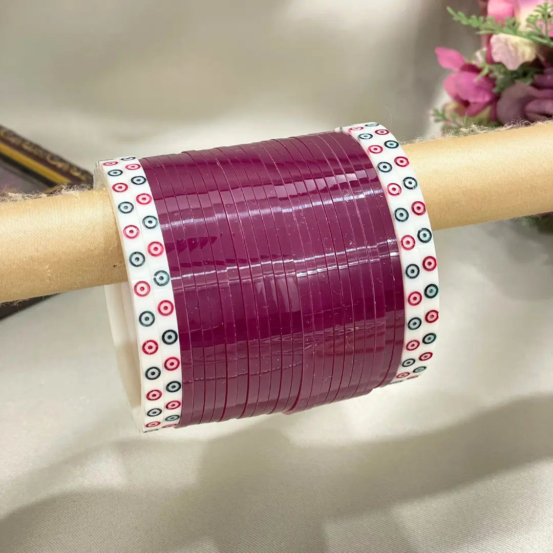 Wine Bridal Chura With White Dots Bangles