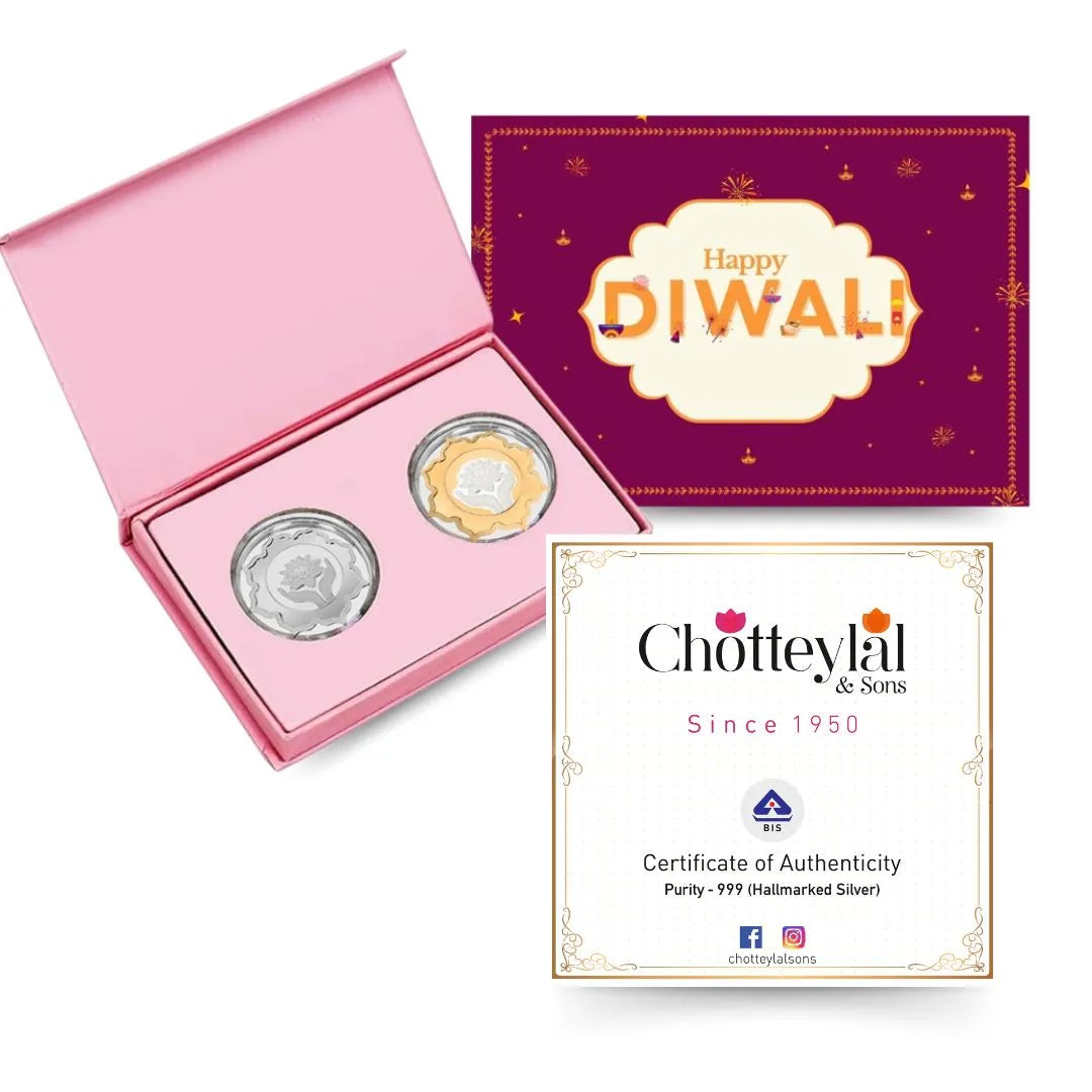 Lotus In Hand Design, Silver & Gold Finish, Lotus Shape, Set of 2 Coins (5 Gram Each), Happy Diwali Packaging, 999 Purity Silver Coin - Ready To Ship