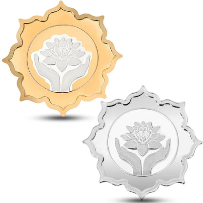 Banyan Tree Design, Silver & Gold Finish, Lotus Shape, Set of 2 Coins (5 Gram Each), Best Wishes Packaging, 999 Purity Silver Coin - Ready To Ship