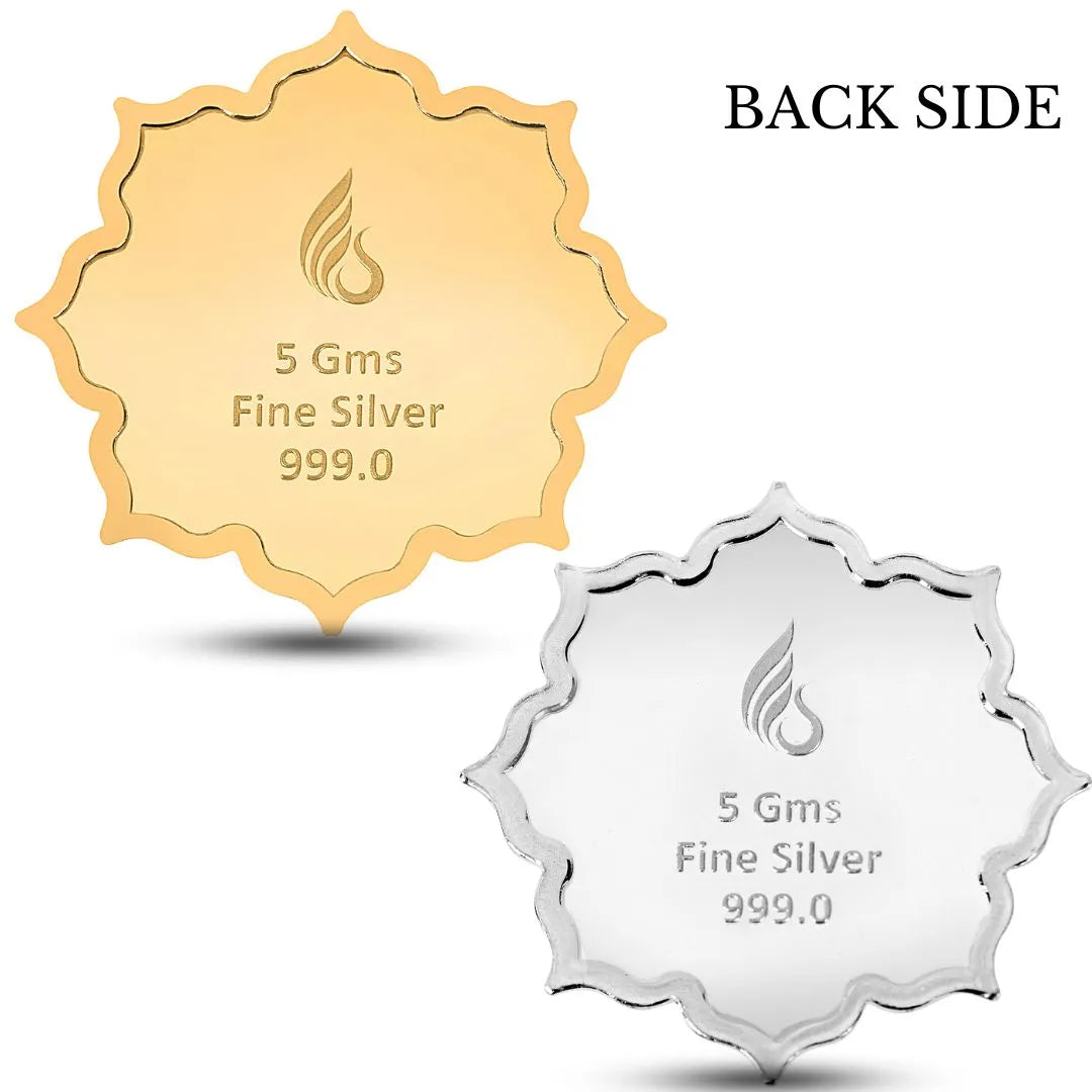 Banyan Tree Design, Silver & Gold Finish, Lotus Shape, Set of 2 Coins (5 Gram Each), Best Wishes Packaging, 999 Purity Silver Coin - Ready To Ship