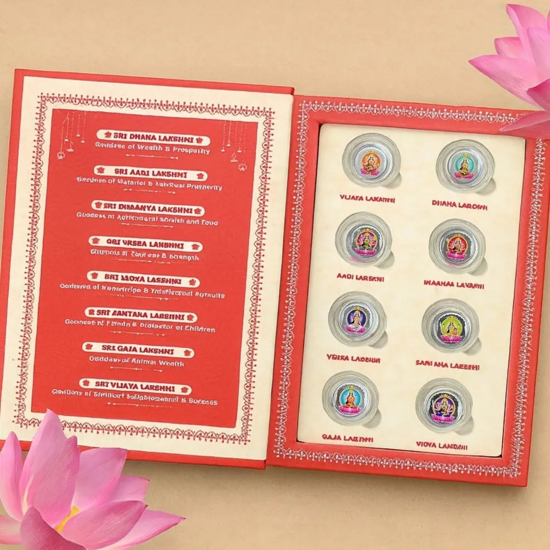 Ashtalakshmi Ji, Silver, Folder Box, 8 Coin (1 gm Each), 999 Purity Silver Coins