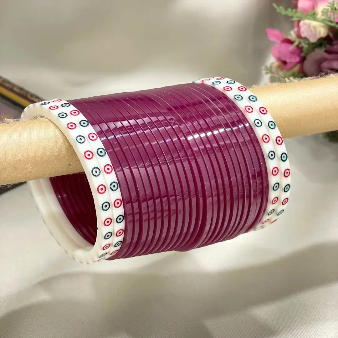 Wine Bridal Chura With White Dots Bangles