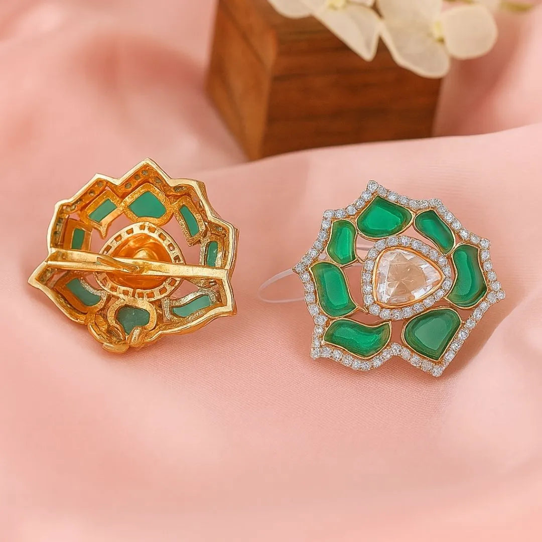 Green Lotus Polki Earrings - 22K Gold Plated, 92.5 Pure Silver Base
