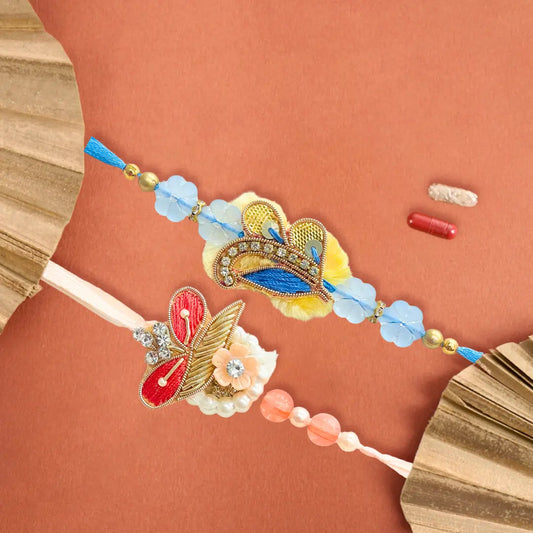 Men's Rakhi - Set of 2 Designer Shape Peach , Blue  Pearl Beads