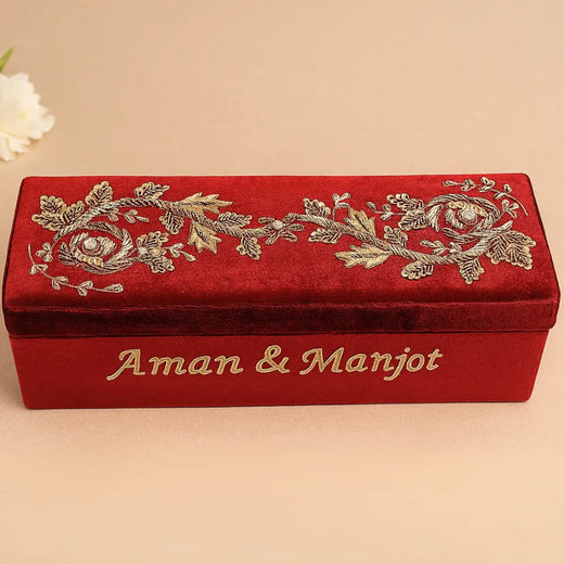 Dark Red Velvet Chooda Box With Vine Design, Rectangle - Customize Logo, Names, Dates, Hashtags Or Initials