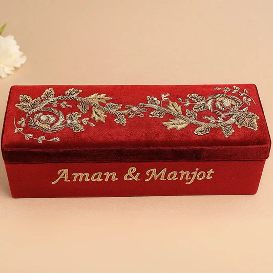 Dark Red Velvet Chooda Box With Vine Design, Rectangle - Customize Logo, Names, Dates, Hashtags Or Initials