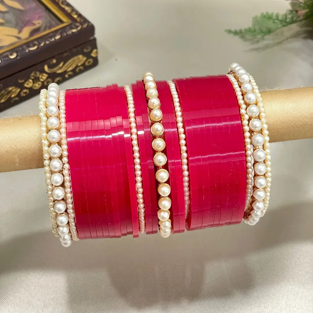 Deep Red Bridal Chura With Pearl Bangles