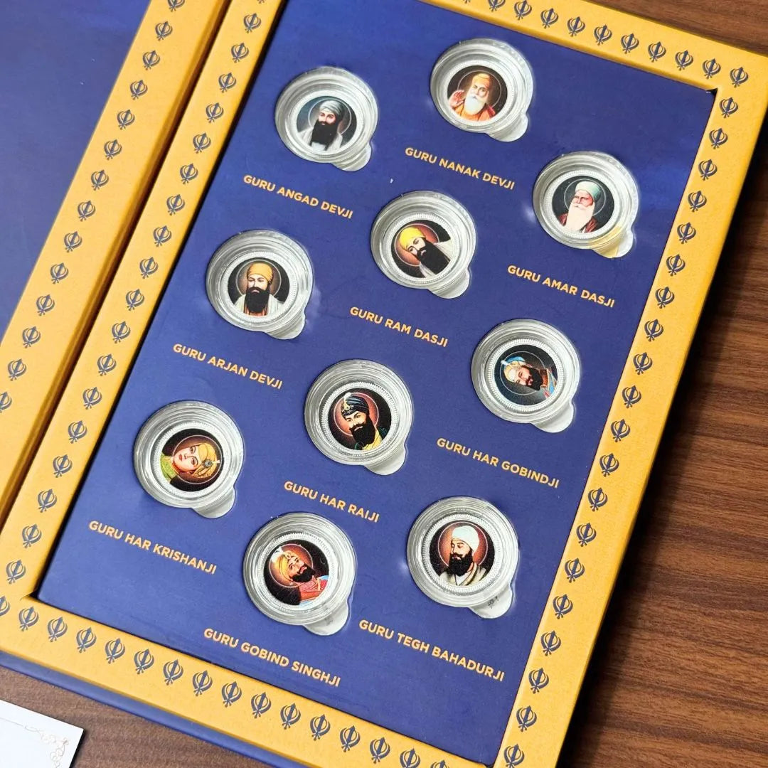 Sri Harmandir Sahib 10 Sikh Gurus, Silver Coin Folder Box, 10 Coins (1 gm Each), 999 Purity Silver Coins