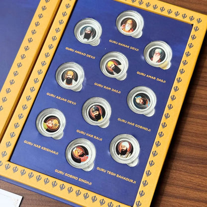 Sri Harmandir Sahib 10 Sikh Gurus, Silver Coin Folder Box, 10 Coins (1 gm Each), 999 Purity Silver Coins