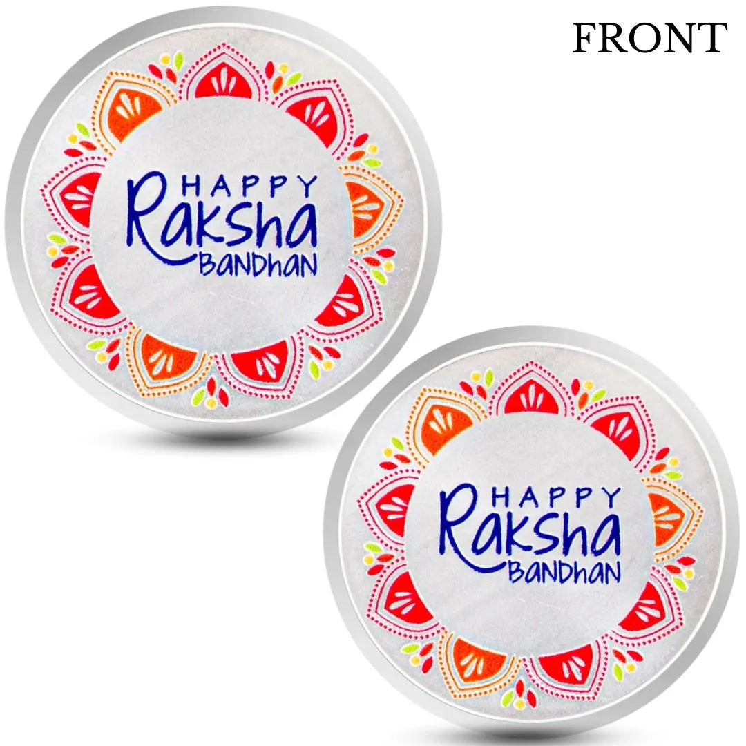 Happy Raksha Bandhan, Silver Finish, Round Shape, Set of 2 (10 Gram Each), Happy Rakhi Packaging, 999 Purity Silver Coin - Ready To Ship