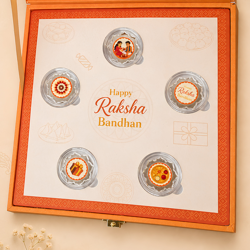 999 Pure Silver Coin Rakhi Gift Box with Gift Bag