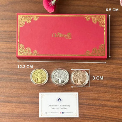 Banyan Tree, Tri-Color, Round Shape, Set of 3 Coins (3 Gram Each), White Box Cover, 999 Purity Silver Coin - Ready To Ship