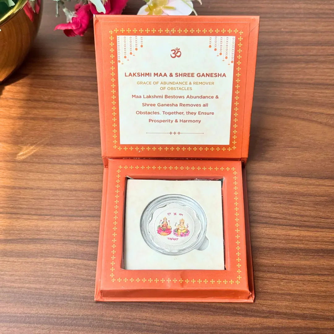 Laxmi Ganesh ji, Silver, Folder Box, 5gm, 999 Purity Silver Coins