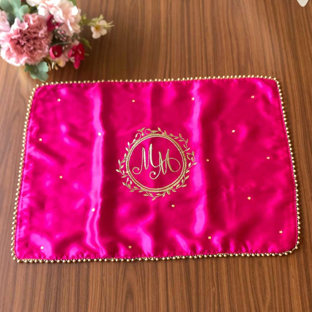 Classic Pink Rectangular Placement Mats With Heart Design and Golden Bead Border - Customize Initials