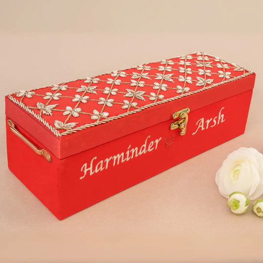 Classic Red Velvet Chooda Box With Flower Design, Rectangle - Customize Logo, Names, Dates, Hashtags Or Initials