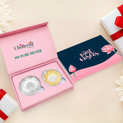 Best Wishes Lotus Box, Lotus Shape Coin & Design, Set of 2 Coins (5 Gram Each), 999 Purity Silver Coin - Ready To Ship