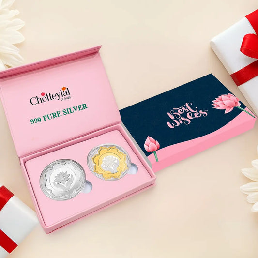 Best Wishes Lotus Box, Lotus Shape Coin & Design, Set of 2 Coins (5 Gram Each), 999 Purity Silver Coin - Ready To Ship