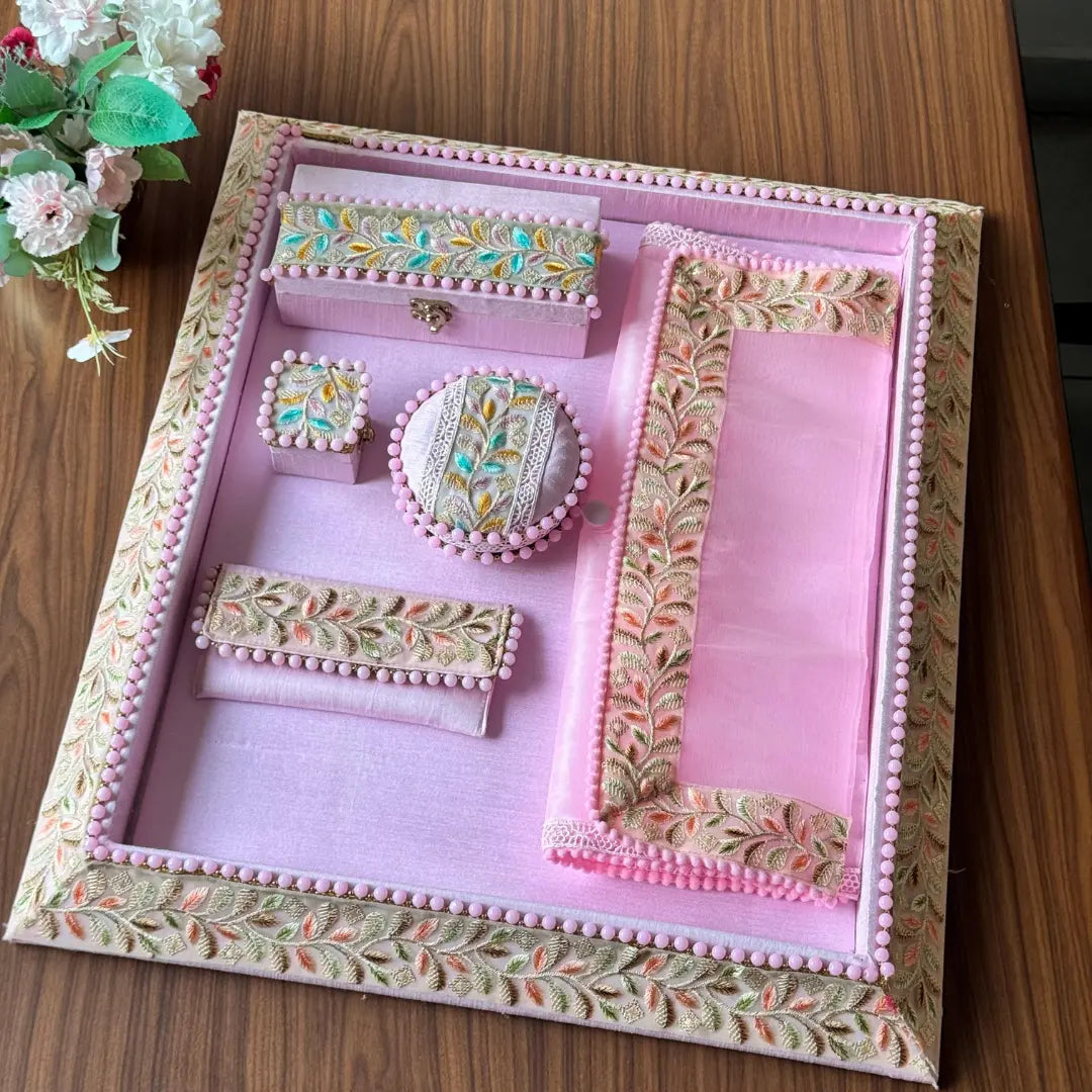 Premium Royal Pink Shagun Tray Set