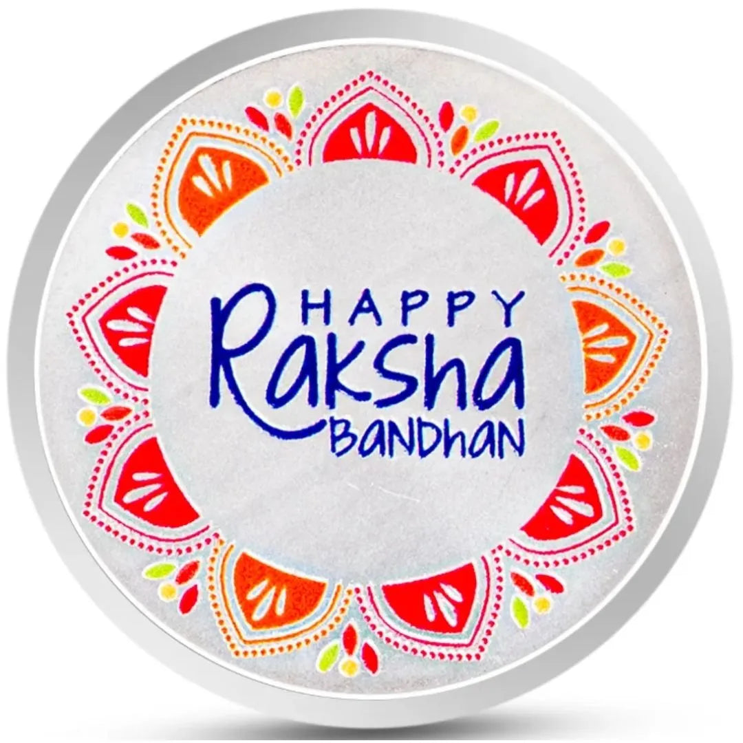 Happy Raksha Bandhan, Silver Finish, Round Shape, Set of 2 (10 Gram Each), Happy Rakhi Packaging, 999 Purity Silver Coin - Ready To Ship