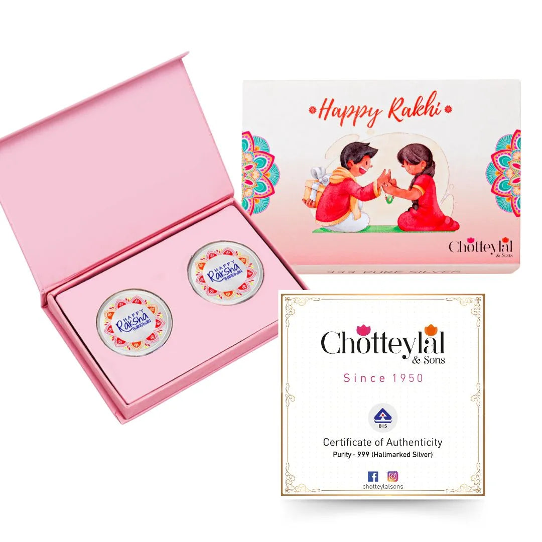 Happy Raksha Bandhan, Silver Finish, Round Shape, Set of 2 (10 Gram Each), Happy Rakhi Packaging, 999 Purity Silver Coin - Ready To Ship