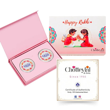 Happy Raksha Bandhan, Silver Finish, Round Shape, Set of 2 (10 Gram Each), Happy Rakhi Packaging, 999 Purity Silver Coin - Ready To Ship