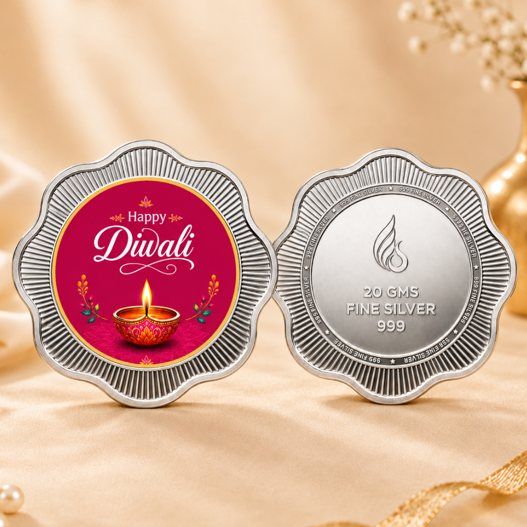 20g Flower Shape Silver Coin with Happy Diwali Print