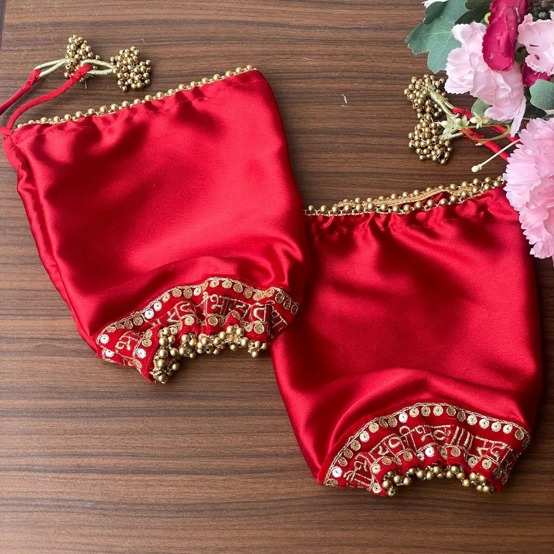 Bridal Red Satin Chooda Cover with Sada Saubhagyavati Script & Floral Motifs - Ships Immediately