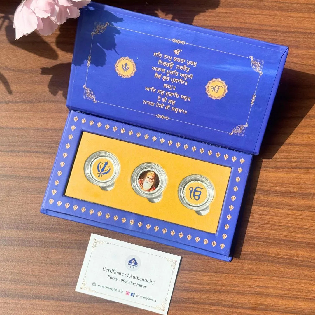 Guru Nanak Dev Ji, Sikh Silver Coins, Set of 3 Coins (1 gm Each), 999 Purity Silver Coins