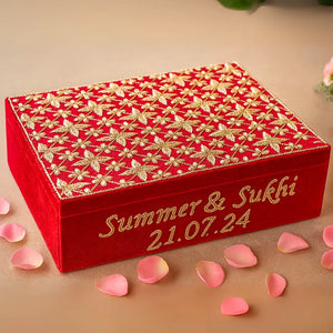 Velvet Red Chooda Box With Patterned Design - Customize Logo, Names, Dates, etc.