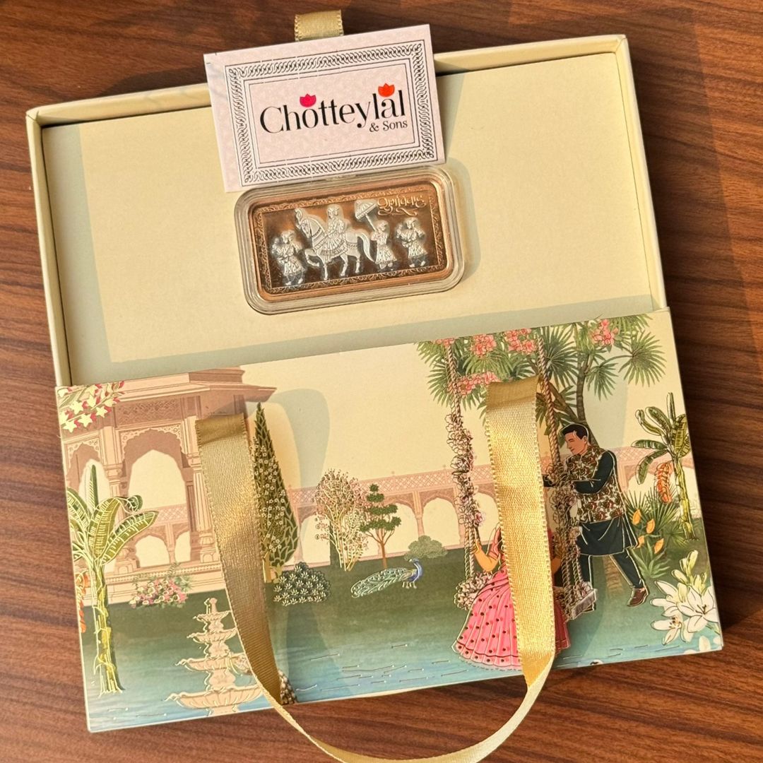 Shubh Vivah Baraati Design, Rose Gold Finish, Dollar Shape, 20 GM 999 Silver Coin Box Set – Ready to Ship