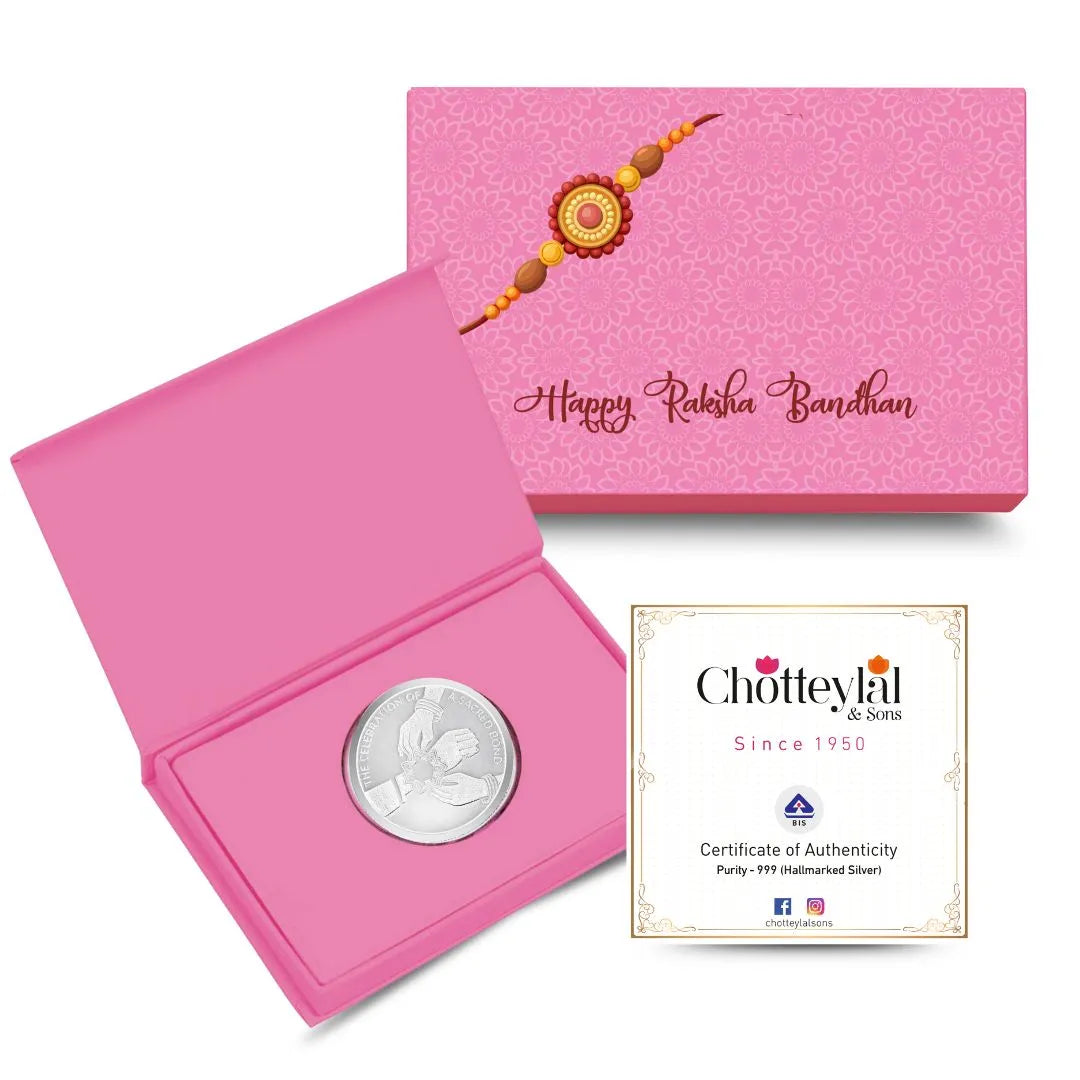 Classic Happy Rakhi Gift, Rakhi On Hand Coin, Single (10 Gram), 999 Purity Silver Coin - Ready To Ship