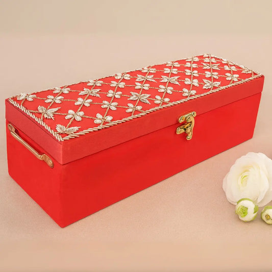 Classic Red Velvet Chooda Box With Flower Design, Rectangle - Customize Logo, Names, Dates, Hashtags Or Initials