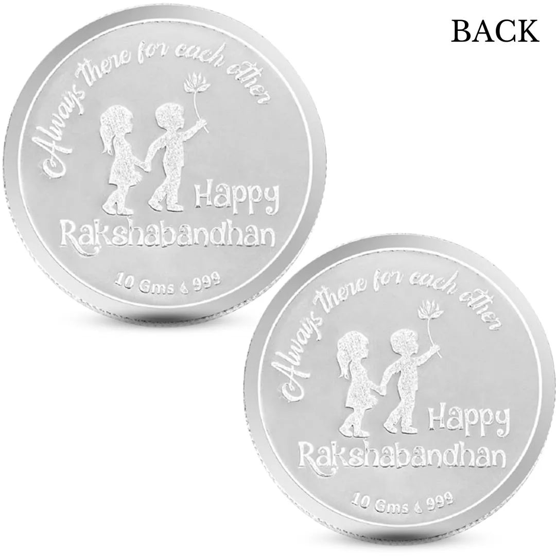 Rakhi On Hand, Silver Finish, Round Shape, Set of 2 (10 Gram Each), Happy Rakhi Packaging  999 Purity Silver Coin - Ready To Ship