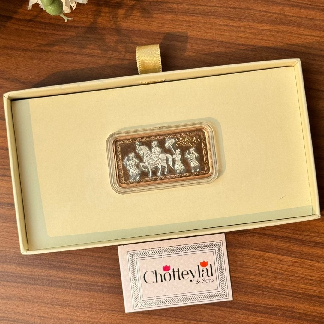 Shubh Vivah Baraati Design, Rose Gold Finish, Dollar Shape, 20 GM 999 Silver Coin Box Set – Ready to Ship