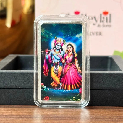 Radha Krishna, Silver, Bar Shape UV Print, 10 gm, 999 Purity Silver Coin - Ready To Ship