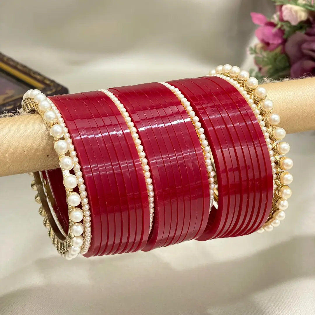 Deep Red Bridal Chuda Set With Pearl Bangles