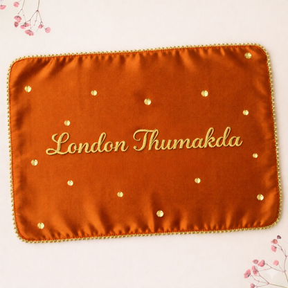 Traditional Orange Mehendi Seating Mat with 1 Line Text