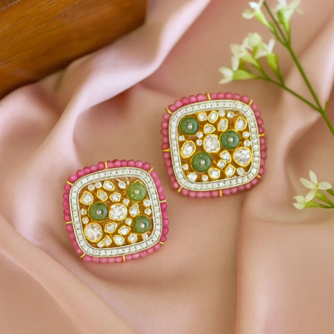 Pink & Green Cluster Polki Earrings - 22K Gold Plated, 92.5 Pure Silver Base
