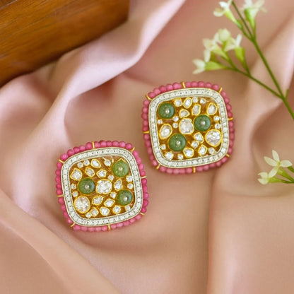 Pink & Green Cluster Polki Earrings - 22K Gold Plated, 92.5 Pure Silver Base