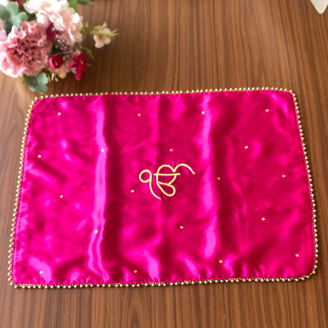 Pink Rectangular Placement Mats With Golden Bead Border - Customize Om/Ek Onkar Logo