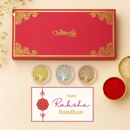 Banyan Tree Design, Tri-Color, Round, Set of 3 Coins (3 Gram Each), 999 Purity Silver Coin - Ready To Ship