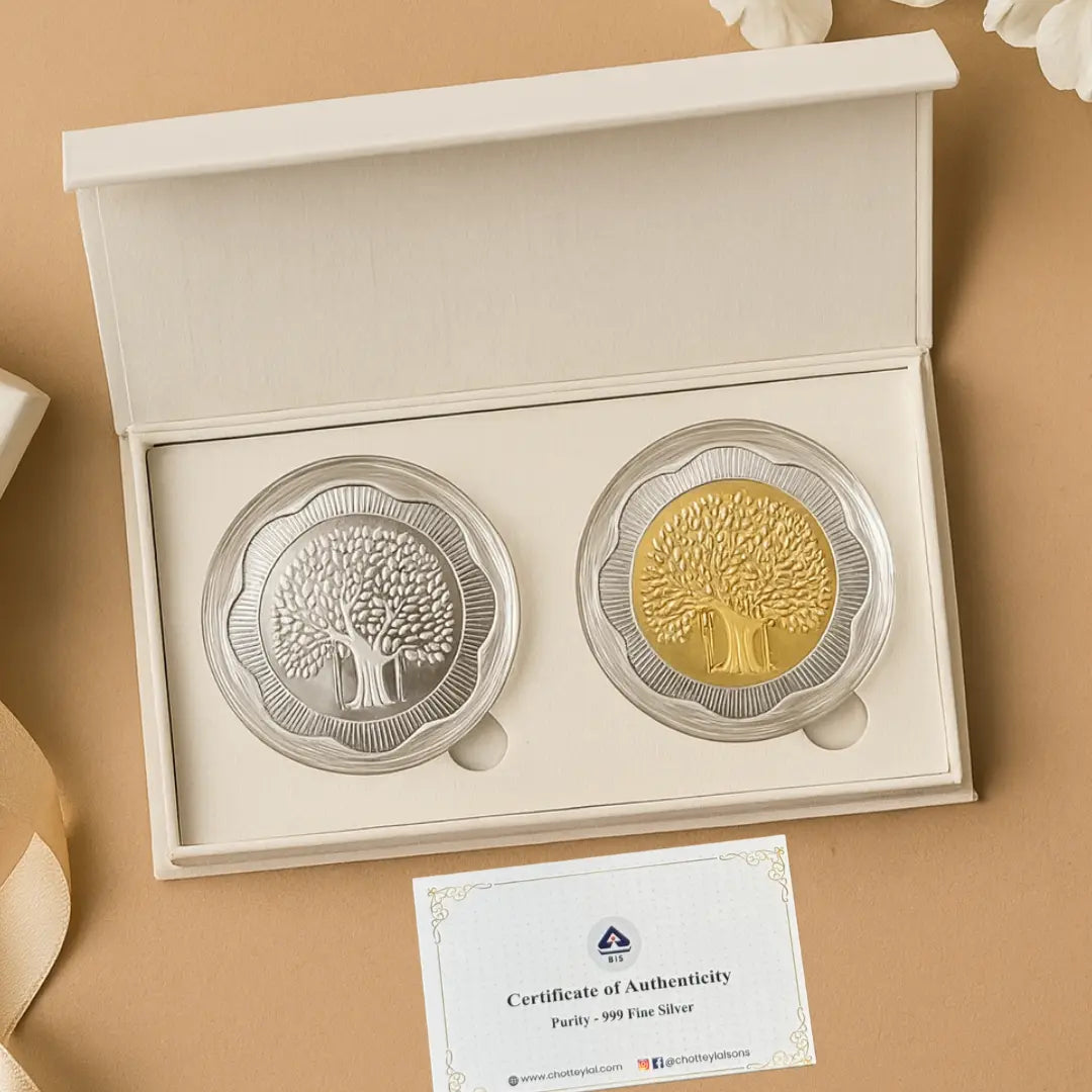 Banyan Tree, Gold & Silver, Floral Shape, Set of 2 (50 Gram Each), 999 Purity Silver Coin - Ready To Ship